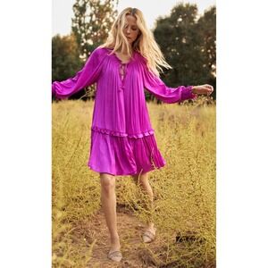 ANTHROPOLOGIE Giulia Hot Pink Drop Waist Relax Fit Silky Tunic Dress‎